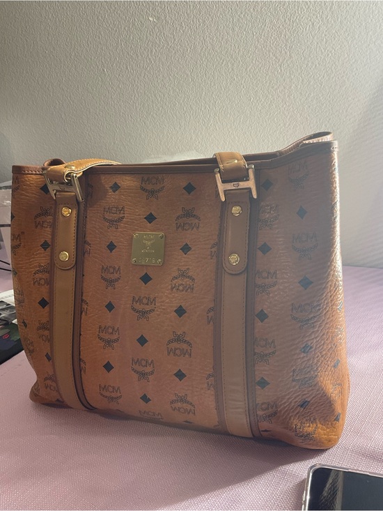 MCM Handbags - MCM Cognac Visetos Monogram Tote with Gold Plate